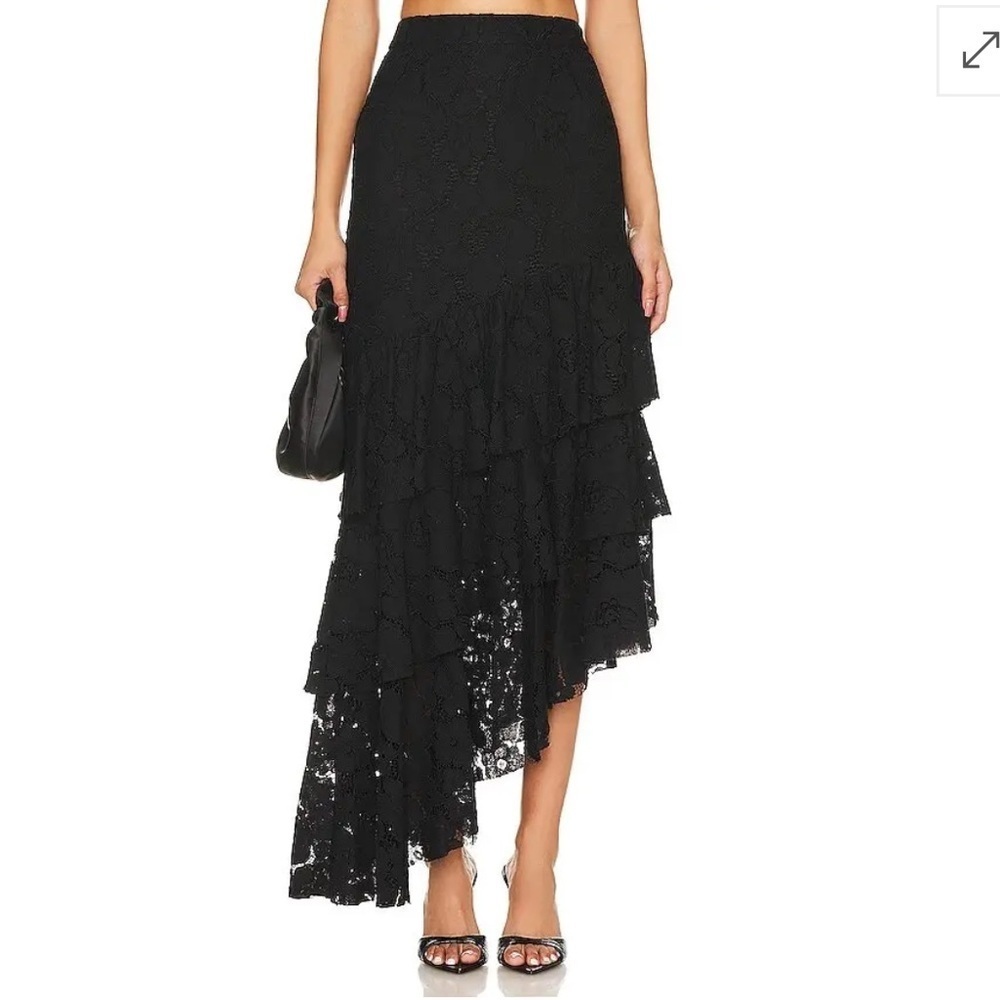 NBD Fazal Midi Skirt Black Asymmetrical heavy lace maxi Revolve $248 S